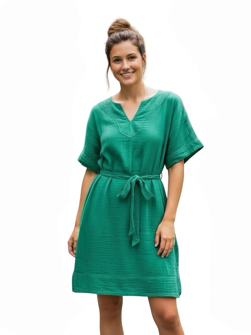 Green Gauze Belted Mini Dress Pockets Relaxed Fit Medium